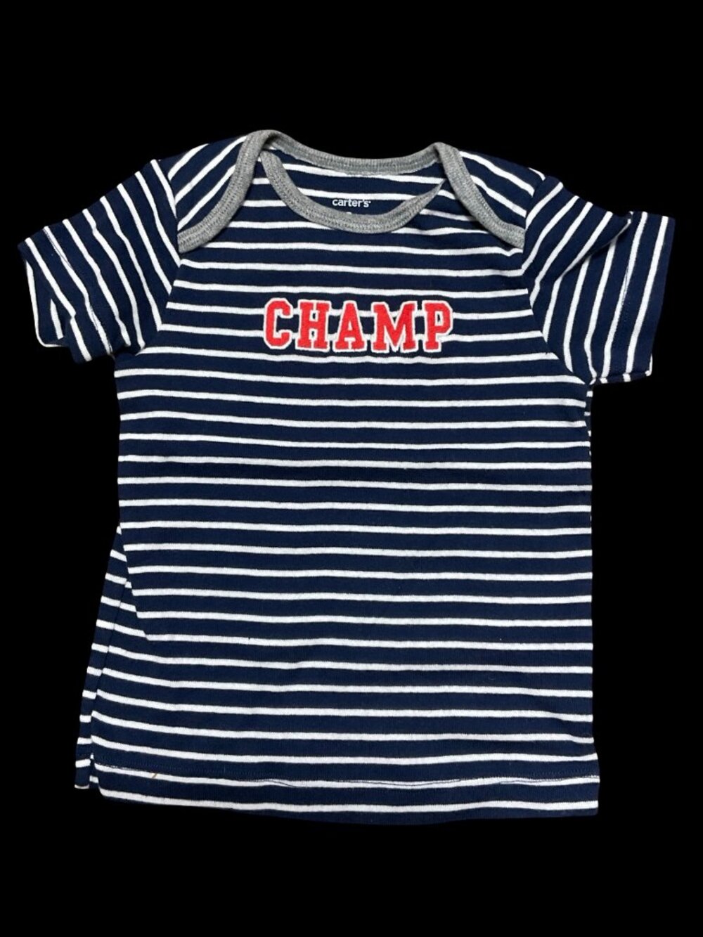 🌻10/$25 - Navy/White Striped Tee w/ "Champ" Embroidery